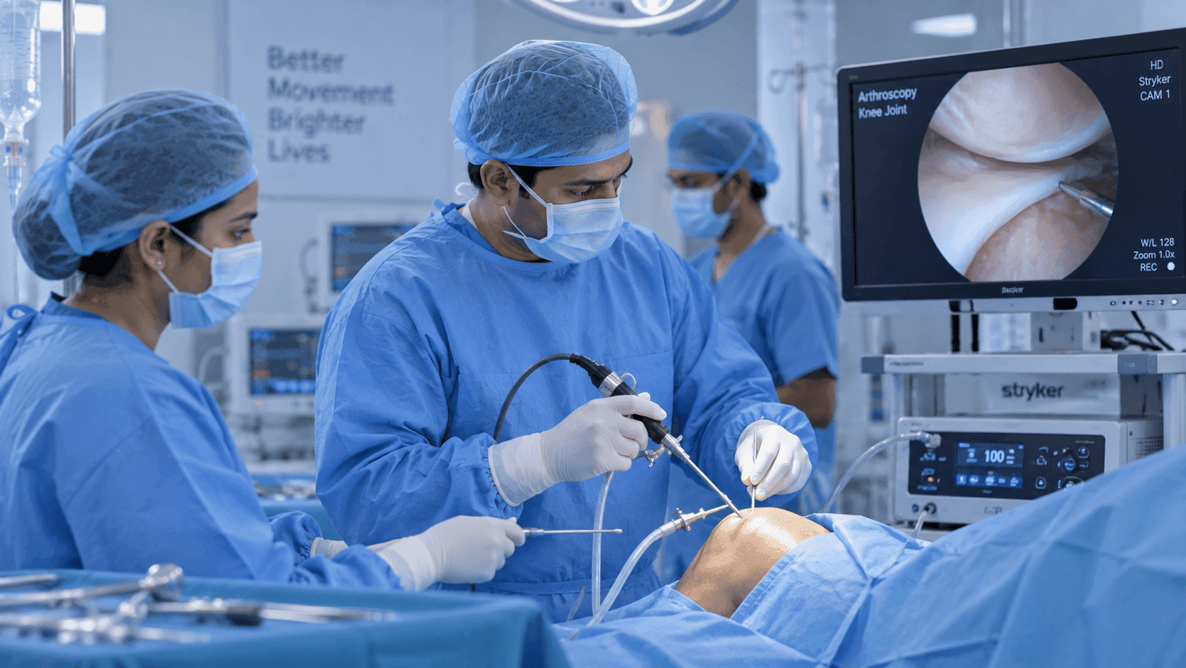 Surgical team in blue scrubs