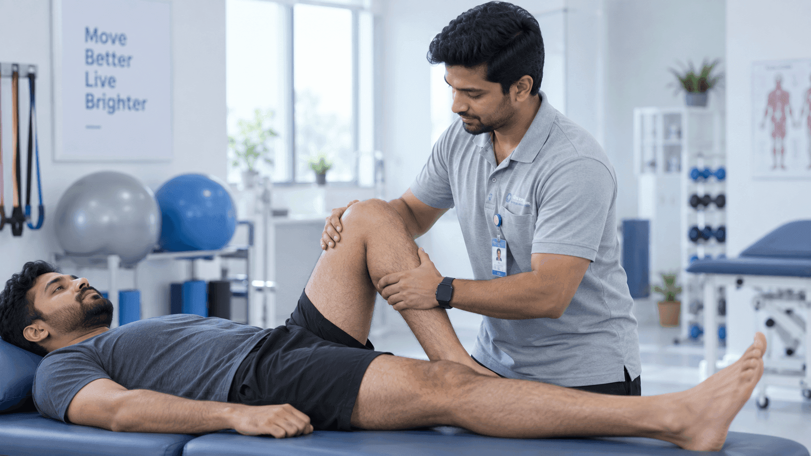 Physiotherapist examining a patient's leg